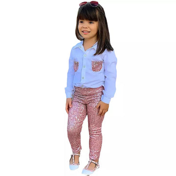 Little Fashionista 2Pc Long Sleeve White Blouse and Pink Sequins Pants Set.